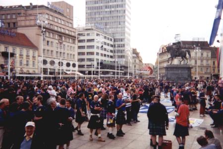 The crowd starts to build in the main square a few hours before the match