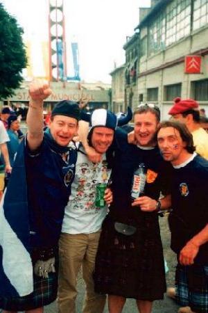 Frago , Donald, Myself and some other bloke wi a jesters hat outside the Stadium in Bordeaux